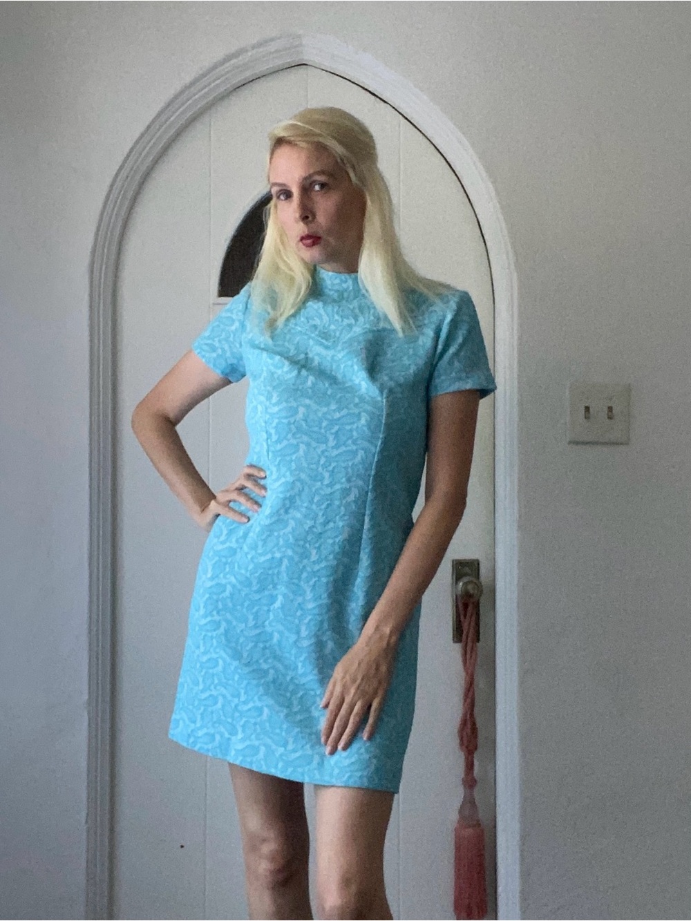Vintage 70s Blue Handmade Textured Poly Paisley Short Sleeve Mini Dress S